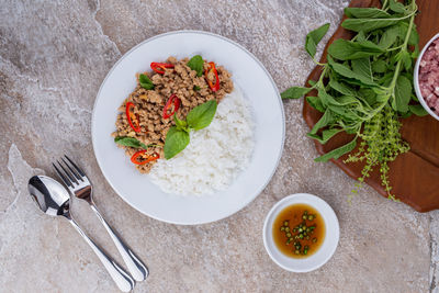 High angle view of breakfast served on table