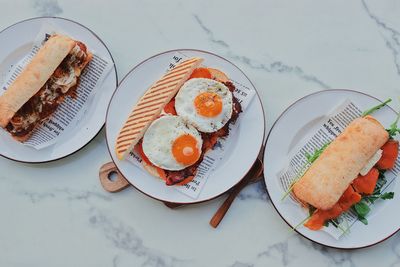 High angle view of breakfast served on table