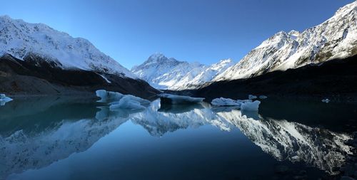 Scenic view of snowcapped mountains against clear sky