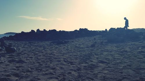 Rear view of man standing on beach against sky