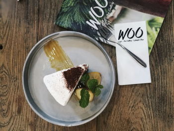 High angle view of dessert on table