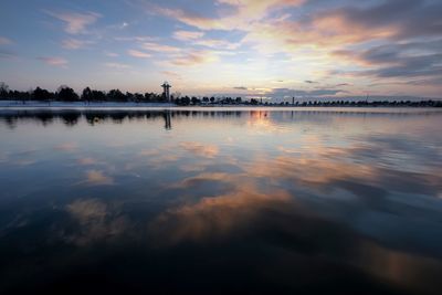 Scenic view of lake against sky during sunset