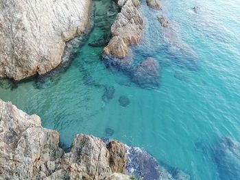 High angle view of rocks in sea