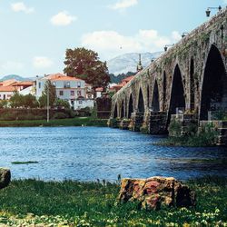 Bridge over river amidst buildings against sky