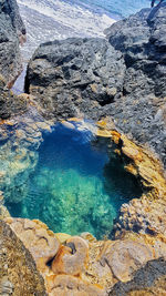 High angle view of rocks in water