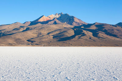 Scenic view of snowcapped mountains against clear blue sky