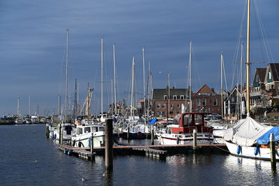 Sailboats moored at harbor