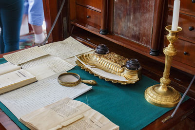 High angle view of objects on table