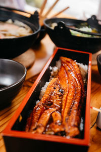 High angle view of food in bowl on table