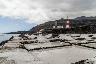 Lighthouse amidst buildings against sky