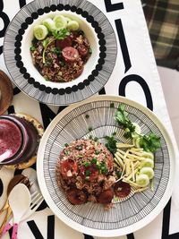 High angle view of meal served on table