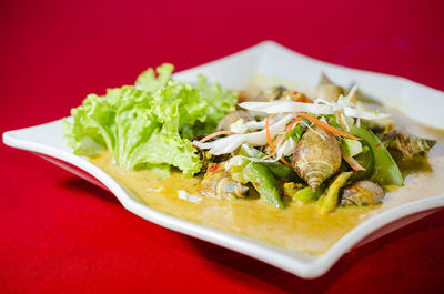 Close-up of food served in plate on red table