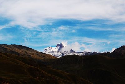 Scenic view of snowcapped mountains against sky