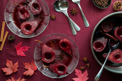 Top down view of red wine poached pears ready for eating.