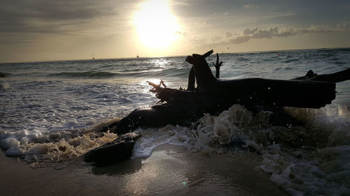 Silhouette man standing on beach against sky during sunset