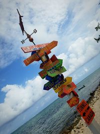 Weather vane and directional sign at beach