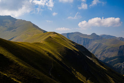 Scenic view of mountains against sky in montefortino, marche italy