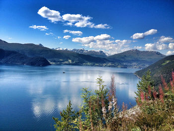 Scenic view of lake against cloudy sky