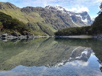 Scenic view of lake and mountains against sky