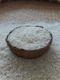 High angle view of bread in bowl on table