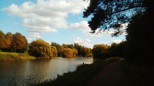 Scenic view of lake by trees against sky