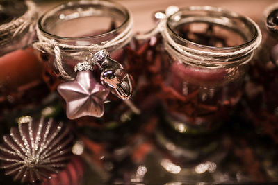 High angle view of glass jar on table