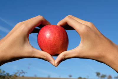 Close-up of hand holding strawberry against sky