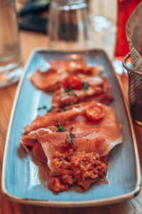 High angle view of food in plate on table