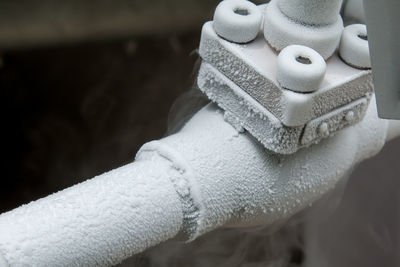 Close-up of frozen machinery during winter