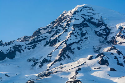 Scenic view of snowcapped mountains against clear blue sky