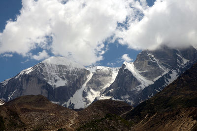 Panoramic view of snowcapped mountains against sky