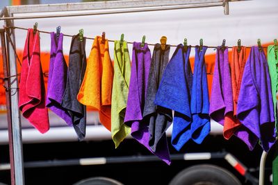 Close-up of clothes drying on clothesline