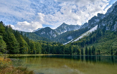 Scenic view of lake and mountains against sky