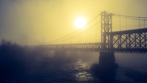 View of suspension bridge in foggy weather