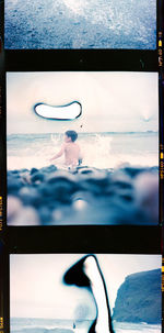 Swimming pool on beach against sky