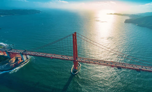 High angle view of golden gate bridge during sunset