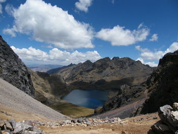 High angle shot of lake along rocky landscape