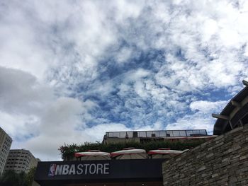 Low angle view of text on building against sky