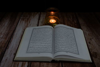 High angle view of open book on table