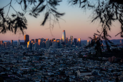 High angle view of san francisco against sky during sunset