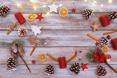 High angle view of christmas decoration on table