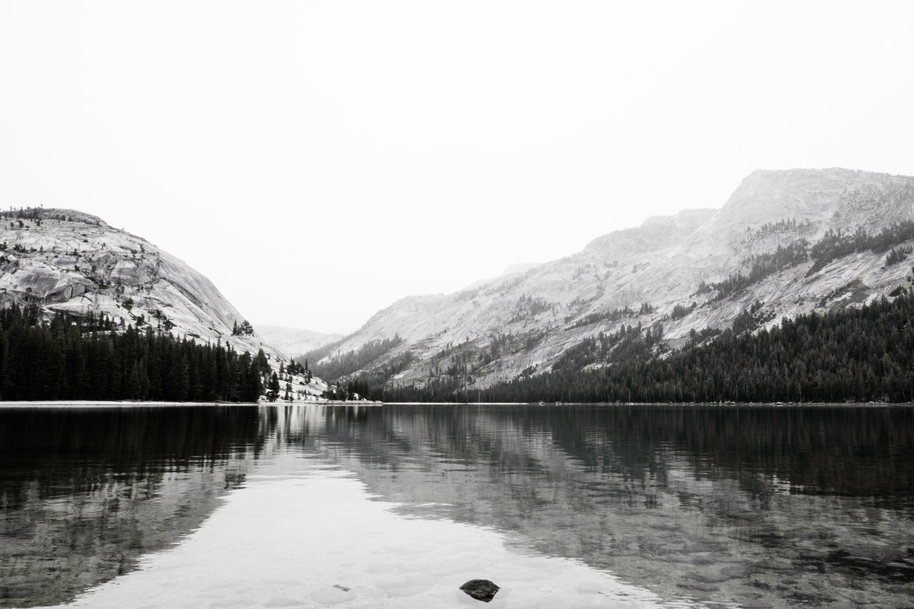 LAKE BY MOUNTAINS AGAINST CLEAR SKY