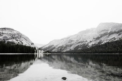 Scenic view of lake and mountains against clear sky