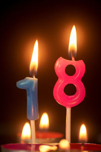 Close-up of illuminated candles burning at night