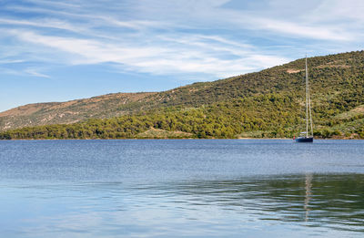 Scenic view of lake by mountain against sky