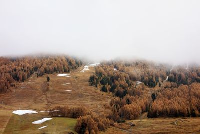 Scenic view of landscape against sky during foggy weather