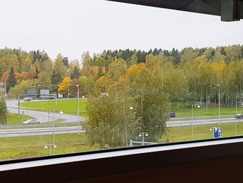 Trees on field against sky seen through glass window