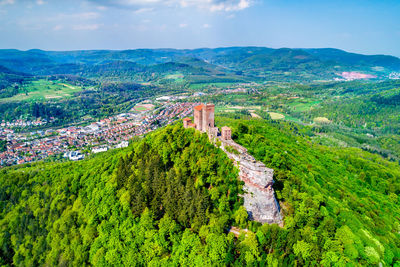 High angle view of green landscape against sky