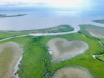 High angle view of sea shore against sky