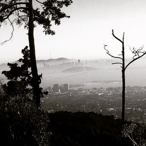 Scenic view of mountains in foggy weather